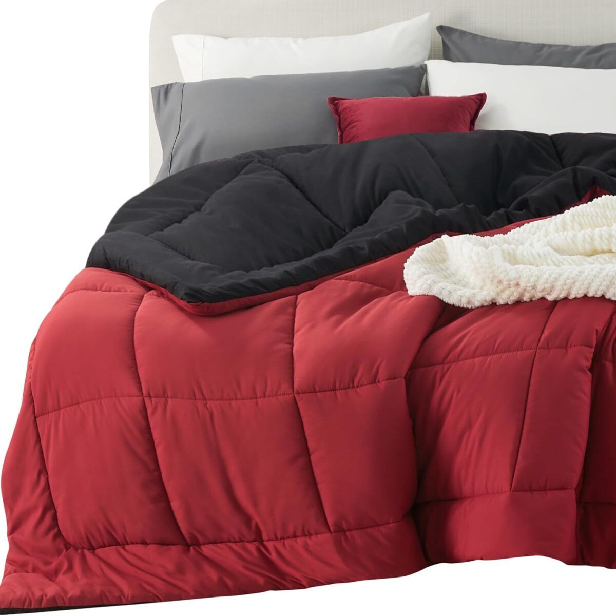Bedsure Queen Reversible Comforter Duvet Insert - All Season Quilted Comforters Queen Size, Down Alternative Queen Size Bedding Comforter with Corner Tabs - Red/Black